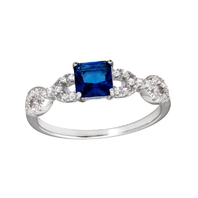 Modern Gold Rings-Rhodium Plated 925 Sterling Silver Square Blue CZ Center Stone Chain Design Shank Ring - BGR01225BLU