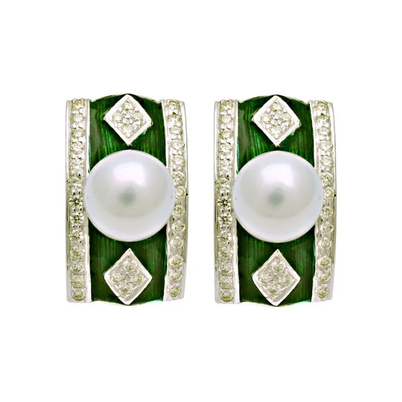 Modern Dangle Earrings-Earrings-South Sea Pearl and Diamond (Enamel)  (194GS)