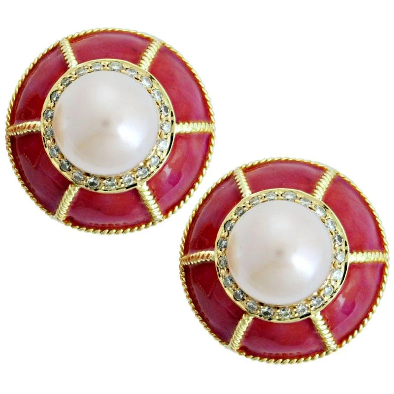 Colored Gemstone Earrings-Earrings-Pearl and Diamond (Enamel)  (1470G)