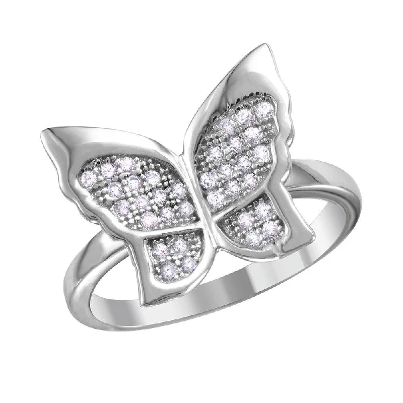 Bold Silver Rings-Silver 925 Rhodium Plated Butterfly Ring with Micro Pave CZ Stones - BGR01019