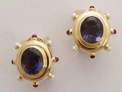 Large Gemstone Earrings-Repair - Earrings - Iolite, Ruby and Pearl (1522L)