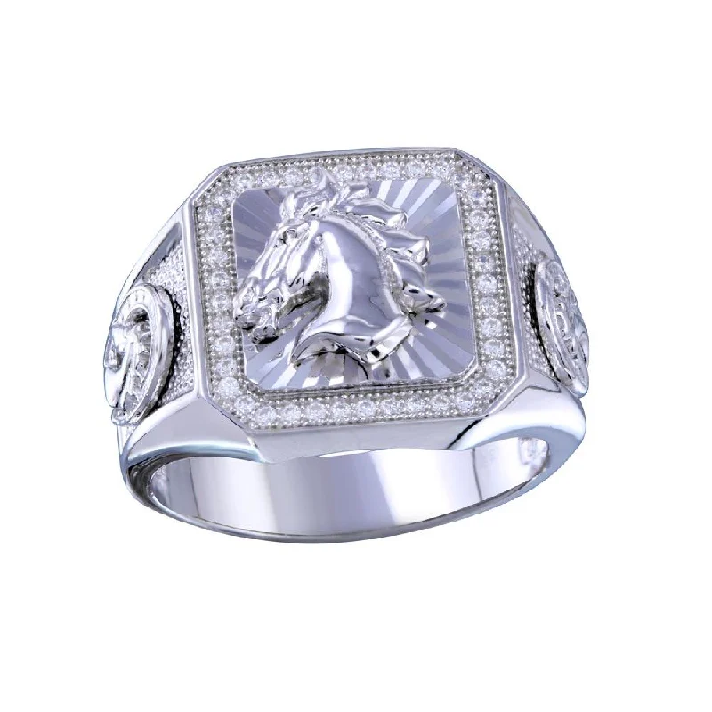 Unique Diamond Wedding Bands-Rhodium Plated 925 Sterling Silver Men's Stallion Statement CZ Ring - GMR00239RH