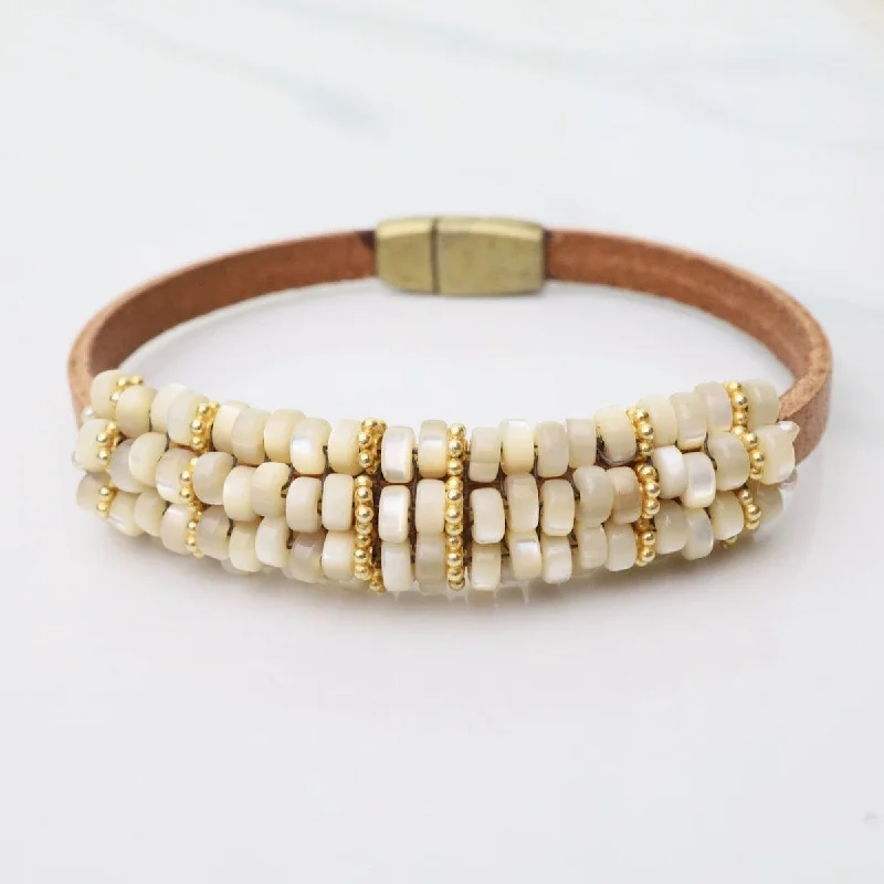 Unique Leather Bracelets-Mother of Pearl, Vermeil, & Leather Bracelet