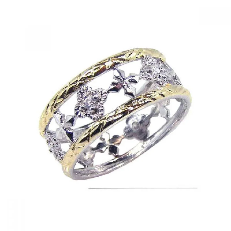 Simple Wedding Bands-Clearance-Silver 925 Rhodium and Gold Plated Border CZ Flower Cross Ring - STR00331