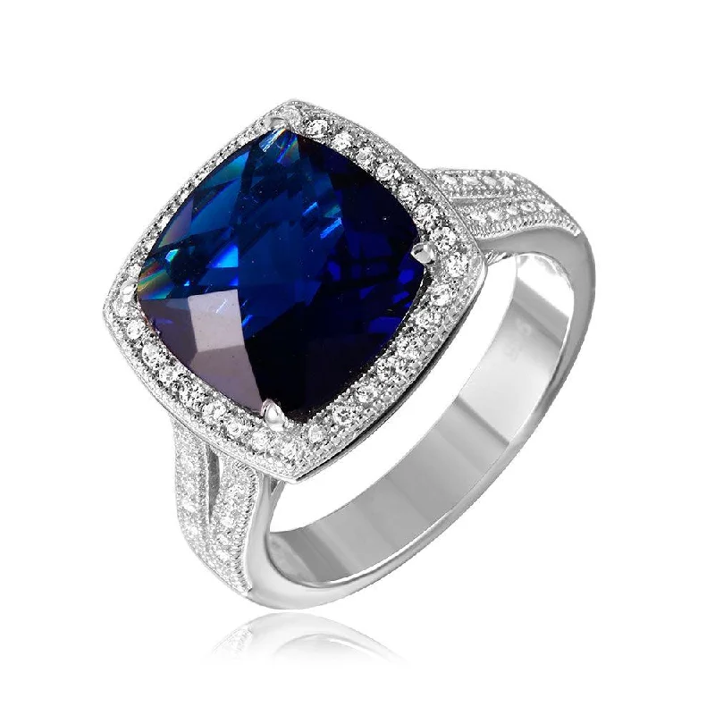 Unique Gold Engagement Rings-Silver 925 Rhodium Plated Square Halo Blue CZ Ring with Micro Pave Stones - GMR00090S