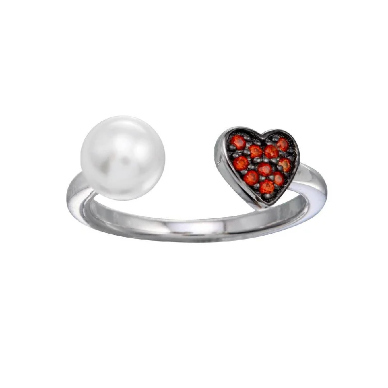 High-Quality Wedding Bands-925 Sterling Silver Open End Synthetic Pearl CZ Heart Ring - BGR01310