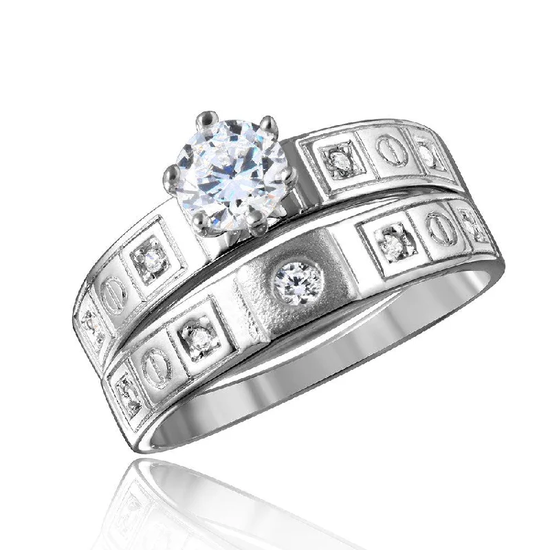 Classic Solitaire Rings-Silver 925 Rhodium Plated Square Design CZ Finish Wedding Ring - GMR00112