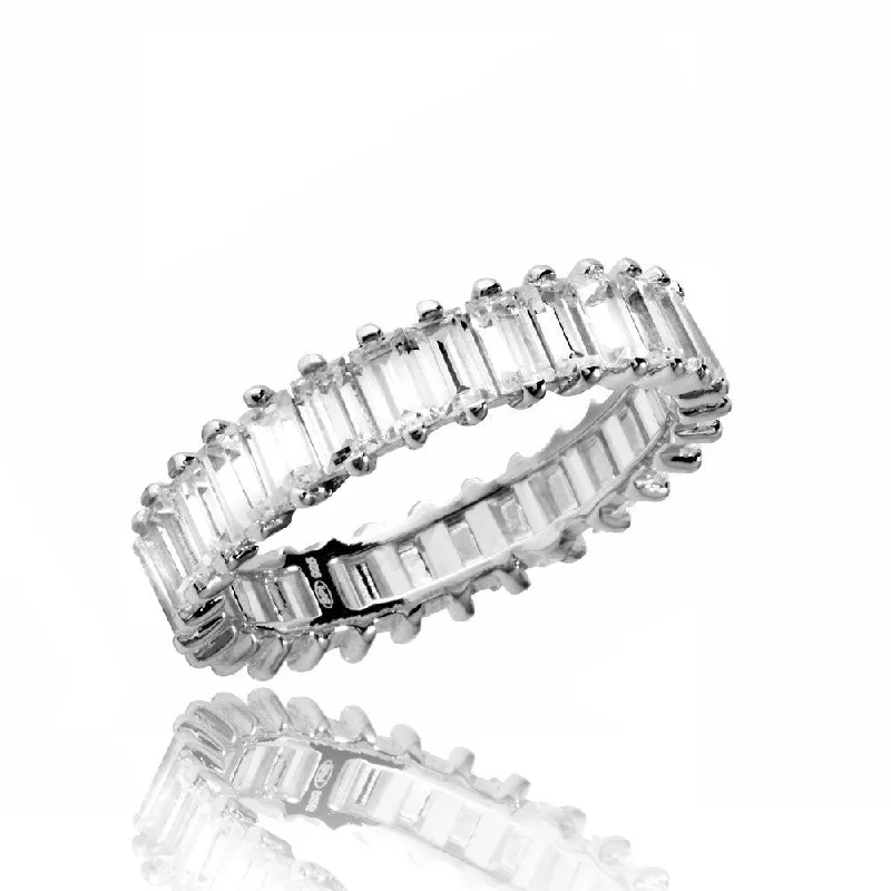 Simple Gold Wedding Bands-Rhodium Plated 925 Sterling Silver Eternity Band with Rectangle CZ - GMR00208