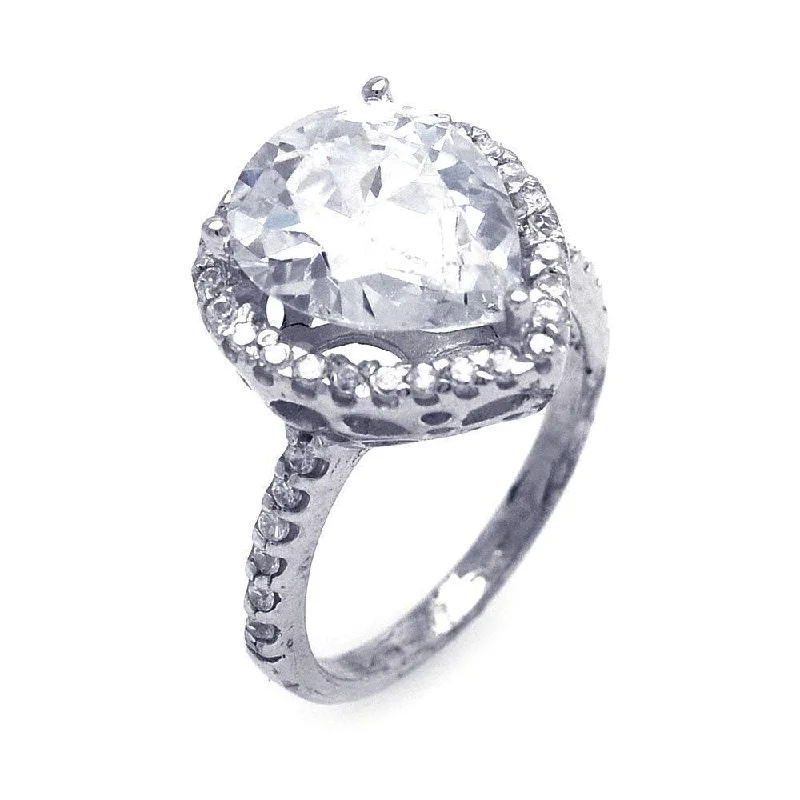 Fine Gold Rings-Silver 925 Rhodium Plated Clear Pear Center and Cluster CZ Ring - STR00386CLR