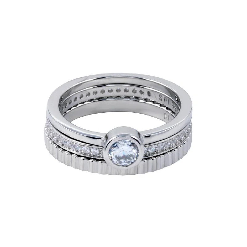 Elegant Silver Rings-Rhodium Plated 925 Sterling Silver Channel Center CZ Stackable Ring Set - STR01125