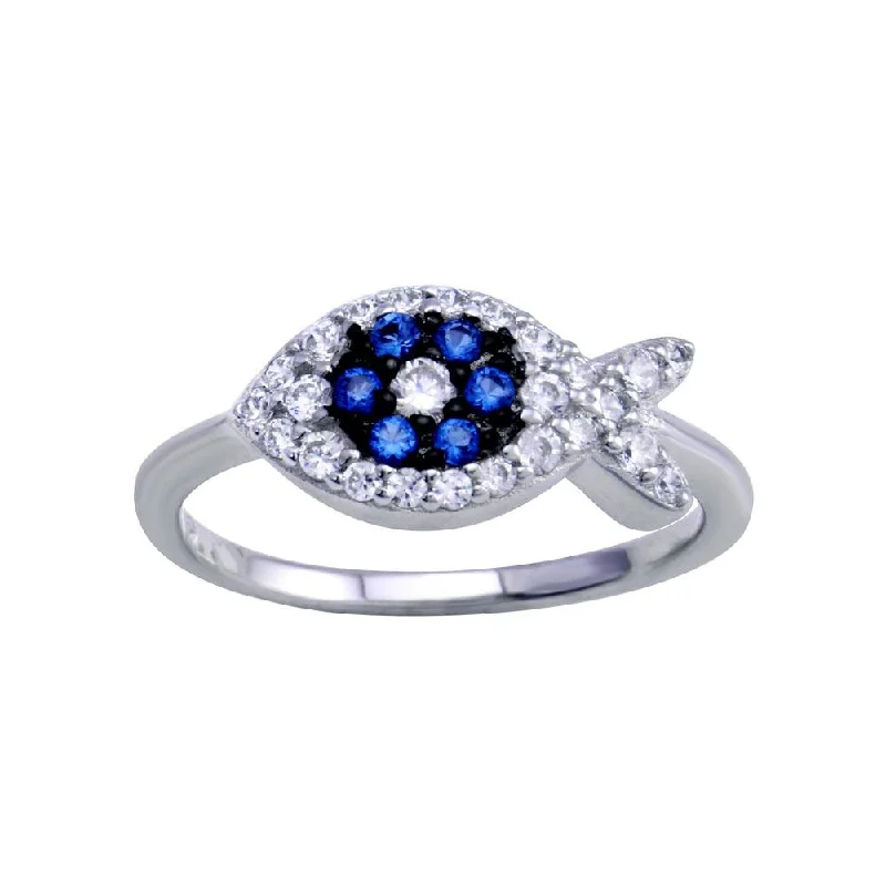 Personalized Engagement Ring Sets-Rhodium Plated 925 Sterling Silver Blue CZ Fish Ring - BGR01288