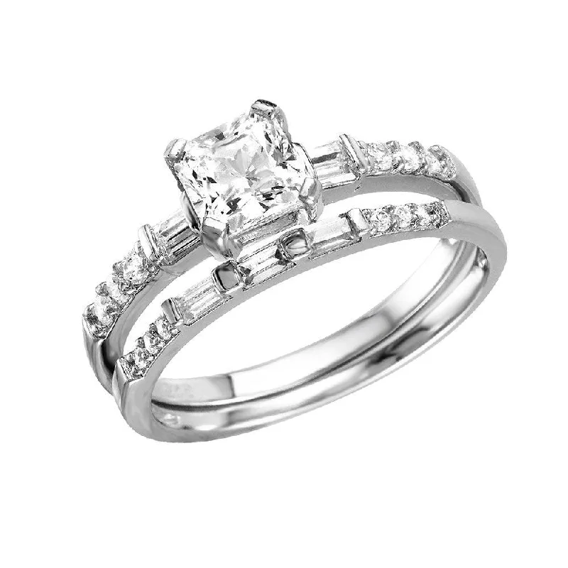 Bridal Engagement Rings-Silver 925 Rhodium Plated Square Center Baguette CZ Stones Ring - GMR00086