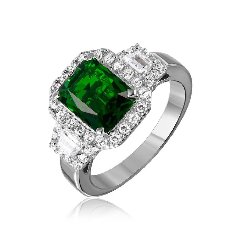 Custom Gold Rings-Silver 925 Rhodium Plated Green Emerald Cut Center CZ Stone Ring - GMR00101G