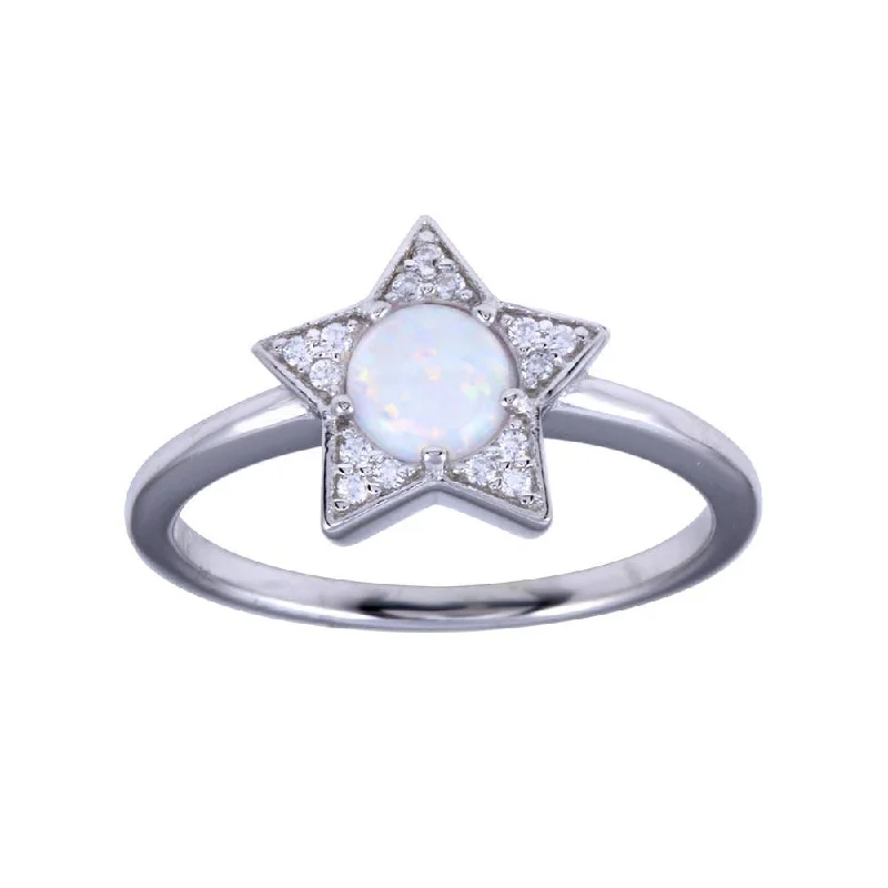 Custom Silver Rings-Rhodium Plated 925 Sterling Silver Opal Stone Star With CZ Ring - BGR01316