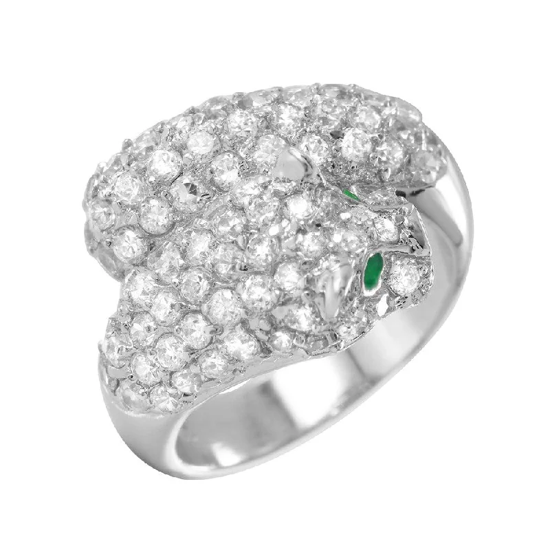 Sterling Silver Rings-Silver 925 Rhodium Plated Green and Clear Pave Set CZ Jaguar Ring - BGR00006