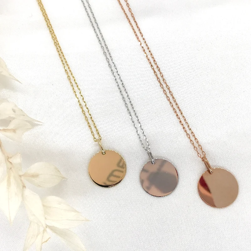 Simple Pendant Necklace for Women-Engravable- 10K Gold Round Disk Necklace