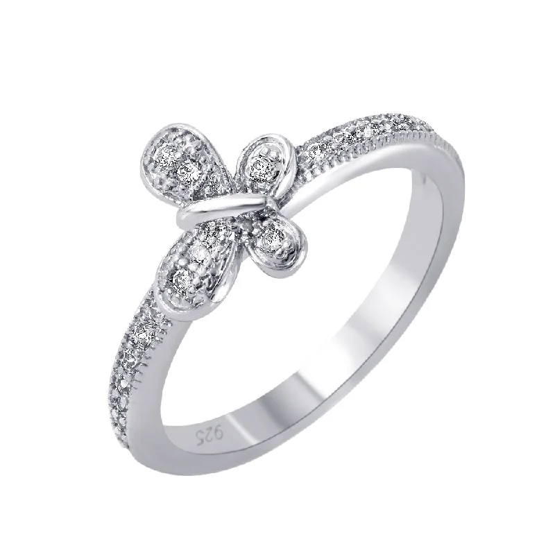 Modern Gold Rings-Silver 925 Rhodium Plated Clear Pave Set CZ Butterfly Ring - BGR00615