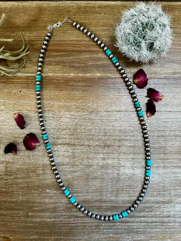 Luxury Diamond Necklaces for Weddings-23 Inch 6 mm Sterling Silver Pearls necklace with turquoise rondelle - Blue