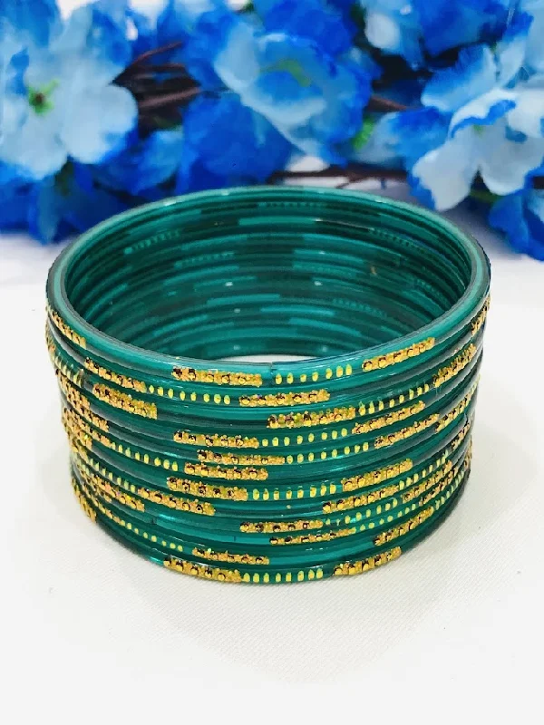 Adjustable Gold Bangle Bracelets-Elegant Teal Green Color Party Wear Glass Bangles For Women