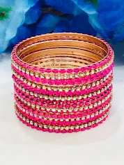 Luxury Wedding Bangles for Brides-Pretty Pink Color Metal Bangles Set With Stones For Girls