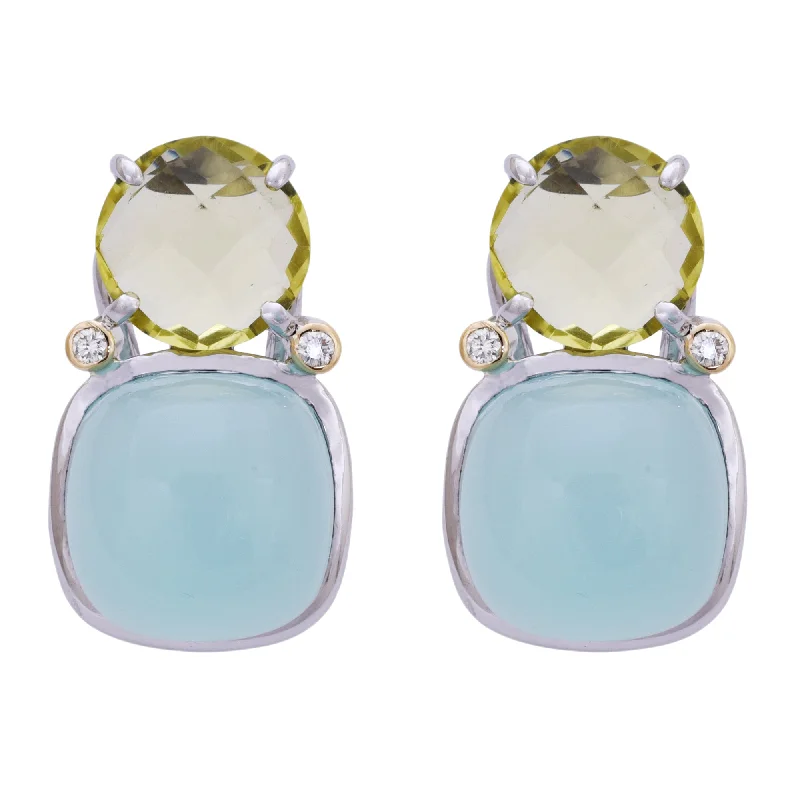 Designer Drop Earrings-Earrings- Lemon Quartz, Chalcedony and Diamond