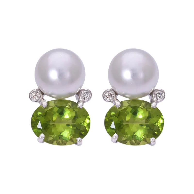 Luxury Silver Earrings-EARRINGS- PERIDOT, S.S. PEARL AND DIAMOND IN STERLING SILVER