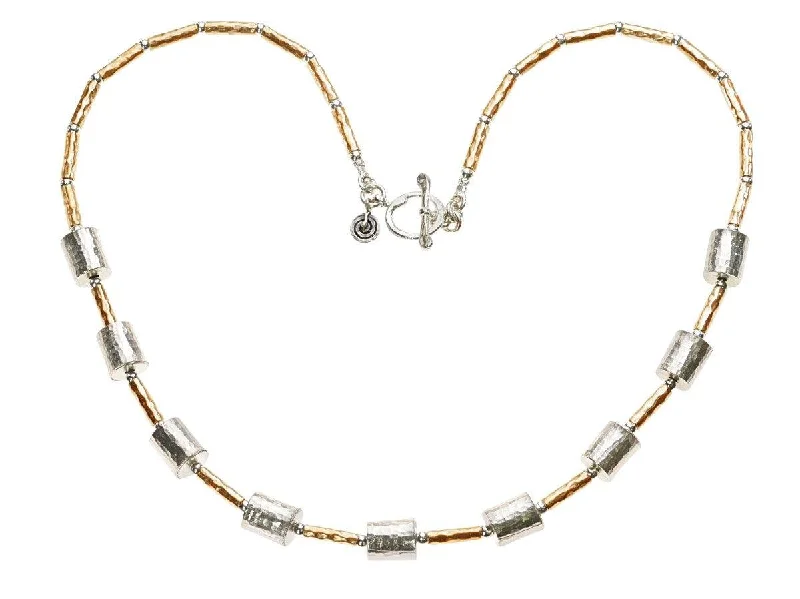 Stylish Gold Necklaces-Yaron Morhaim 14k Rolled Gold Necklace with Silver Barrels