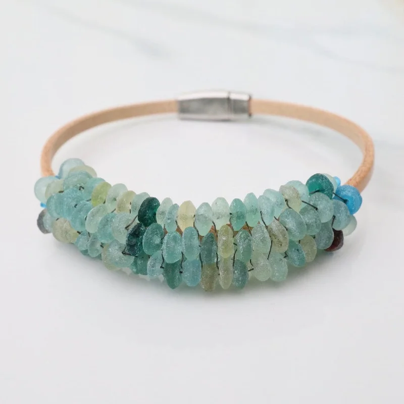 Elegant Chain Link Bracelets-Sea Glass with Apatite Trim Leather Bracelet