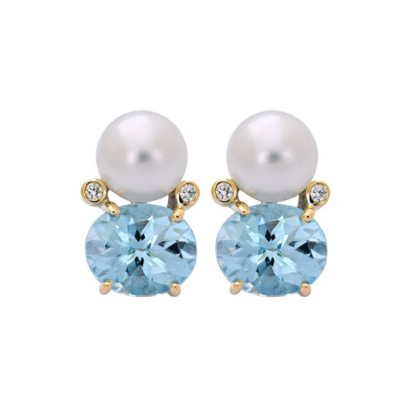 Big Statement Earrings-Earrings- Blue Topaz, South Sea Pearl and Diamond