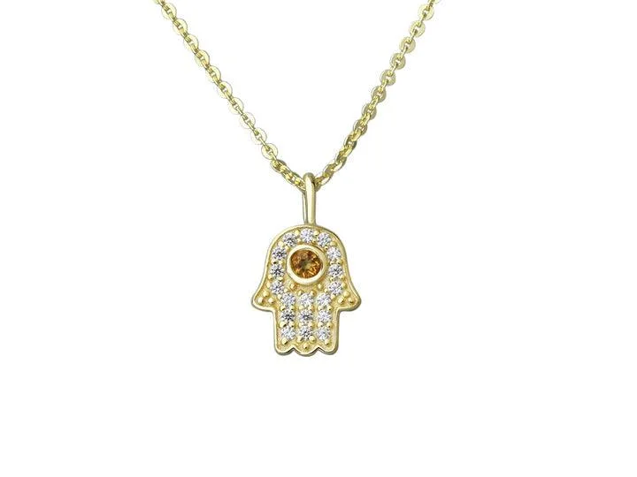 Beautiful Opal Necklaces-18ct Gold Vermeil Hamsa Pendant Necklace with Cubic Zirconia Detail