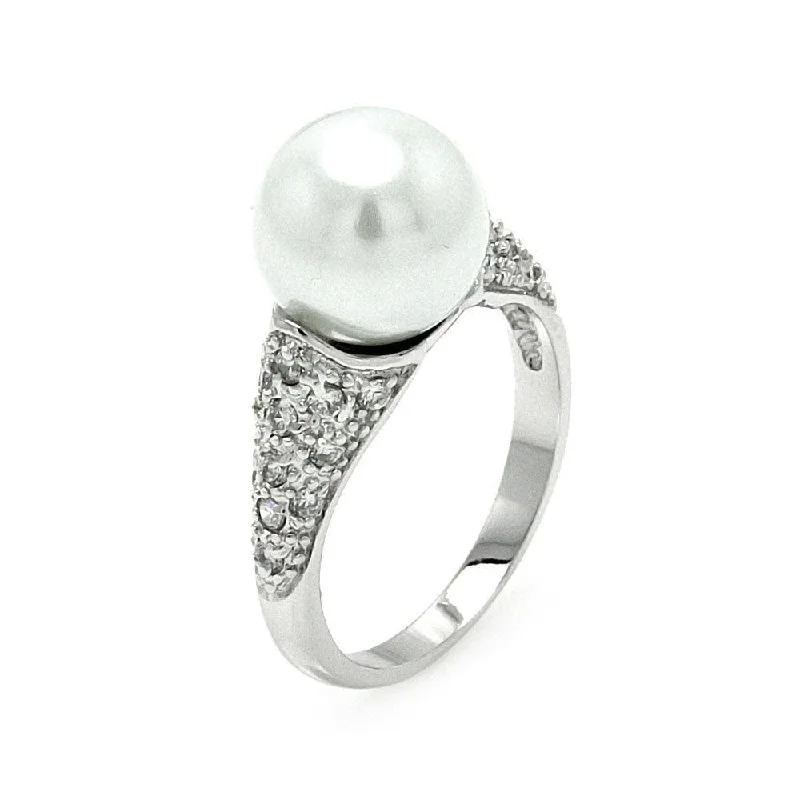 Simple Gemstone Wedding Rings-Silver 925 Rhodium Plated Pearl Center Clear Pave Set CZ Ring - BGR00580