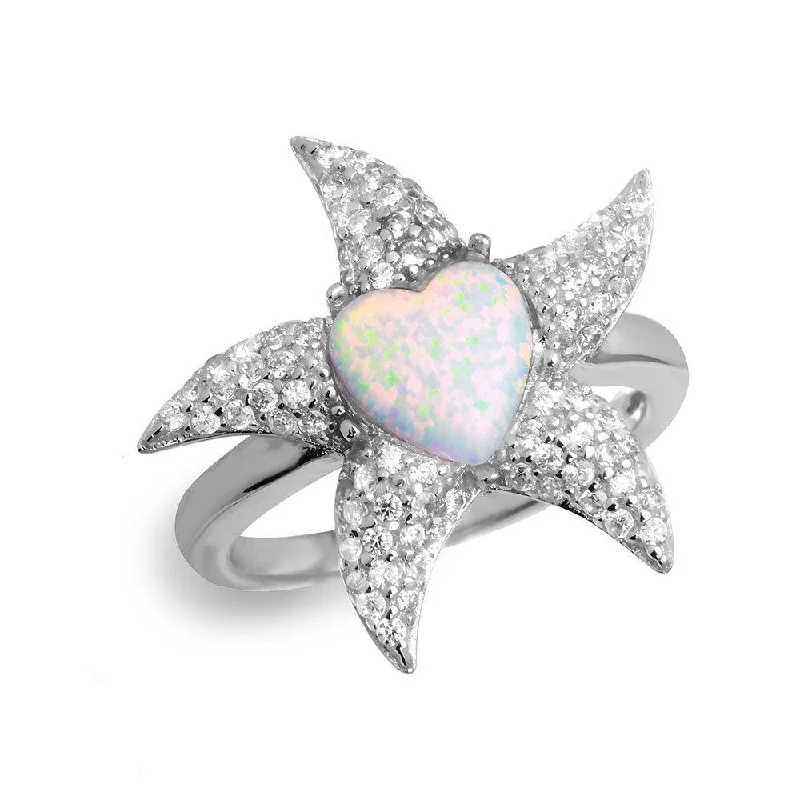 Elegant Diamond Wedding Bands-Silver 925 Rhodium Plated Starfish Ring with Synthetic Opal and CZ - BGR01049