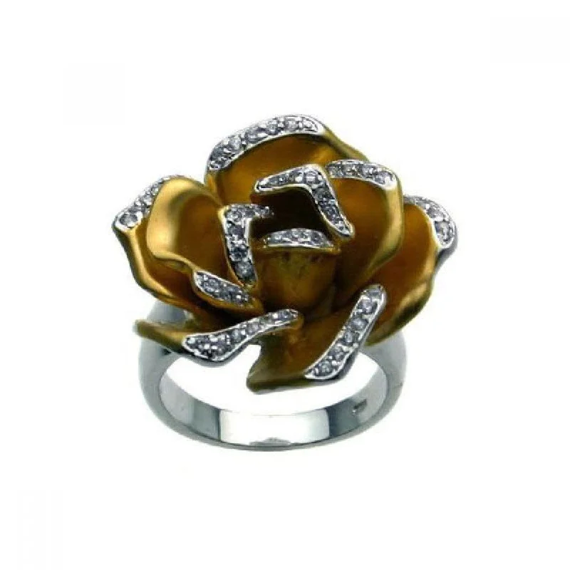 Antique Gold Rings-Clearance-Silver 925 Rhodium and Gold Plated 2 Toned Clear CZ Flower Ring - BGR00223