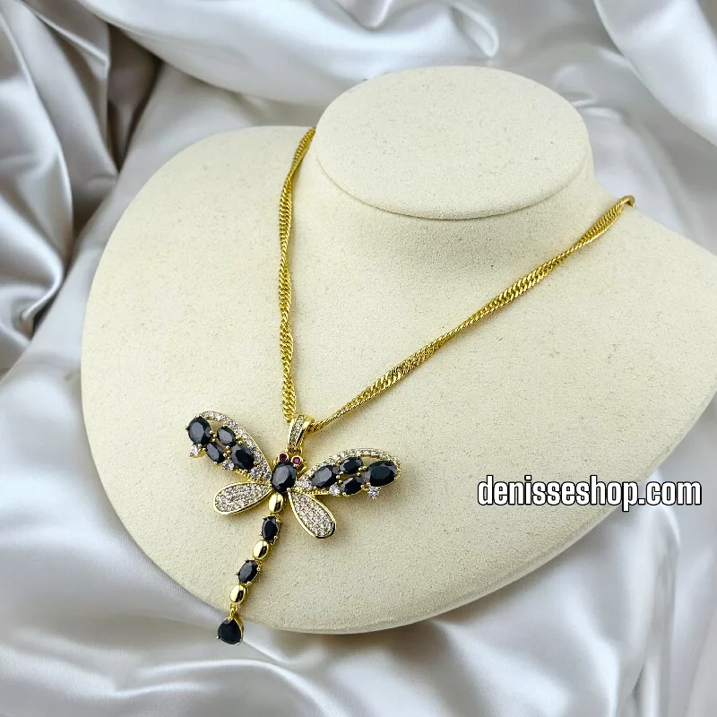 Custom Long Necklaces-14K WOMEN/ BLACK DRAGON FLY NECKLACE N142