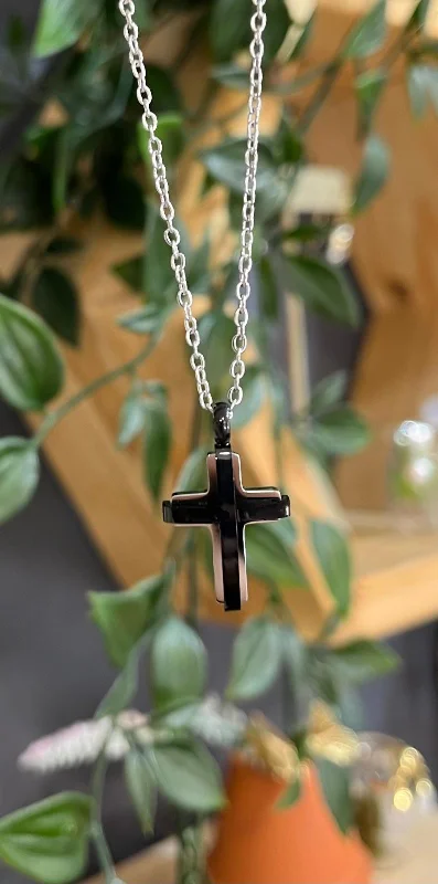 Layered Diamond Necklaces-Unique & Co Stainless Steel Black IP Cross Pendant Necklace