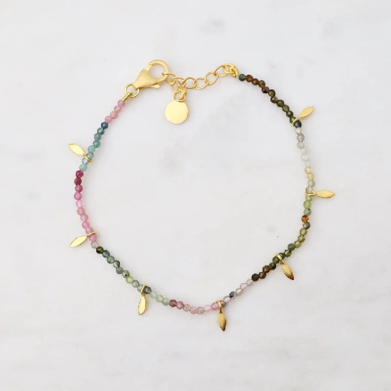 Handcrafted Gold Bracelets-Multi Tourmaline Beads with Gold Leaves Bracelet