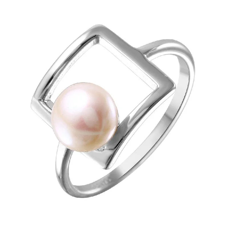 Modern Engagement Rings-Silver 925 Rhodium Plated Open Square Synthetic Pearl Ring - STR01038