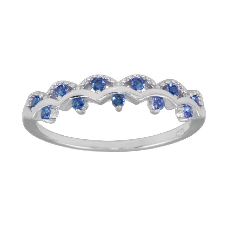 Gold and Silver Rings-Rhodium Plated 925 Sterling Silver Wavy Ring with Blue CZ - BGR01239BLU