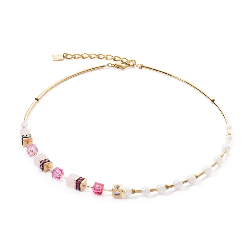 Designer Silver Pendant Necklaces-Coeur De Lion GeoCUBE® Gold Pink and Pearl Necklace