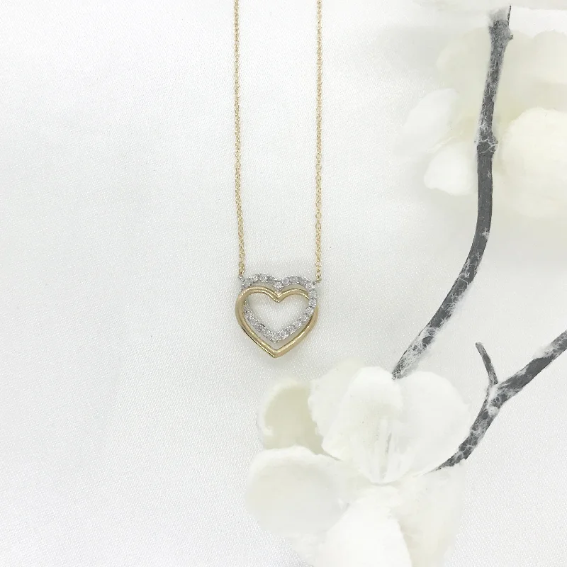 Romantic Gold Necklaces-10k Two Toned Double CZ Heart Necklace