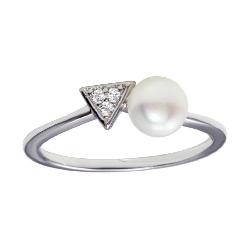 Unique Gold Engagement Rings-Rhodium Plated 925 Sterling Silver CZ and Synthetic Pearl Ring - BGR01188