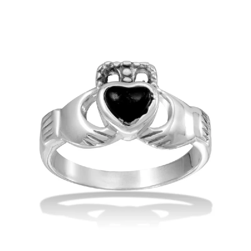 Beautiful Wedding Bands-High Polished 925 Sterling Silver Claddagh Ring with Black Heart - CR00734BLK