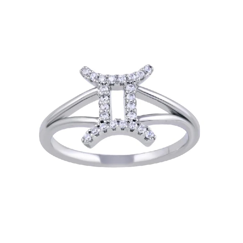 Elegant Engagement Rings-Rhodium Plated 925 Sterling Silver Gemini CZ Zodiac Sign Ring - BGR01323