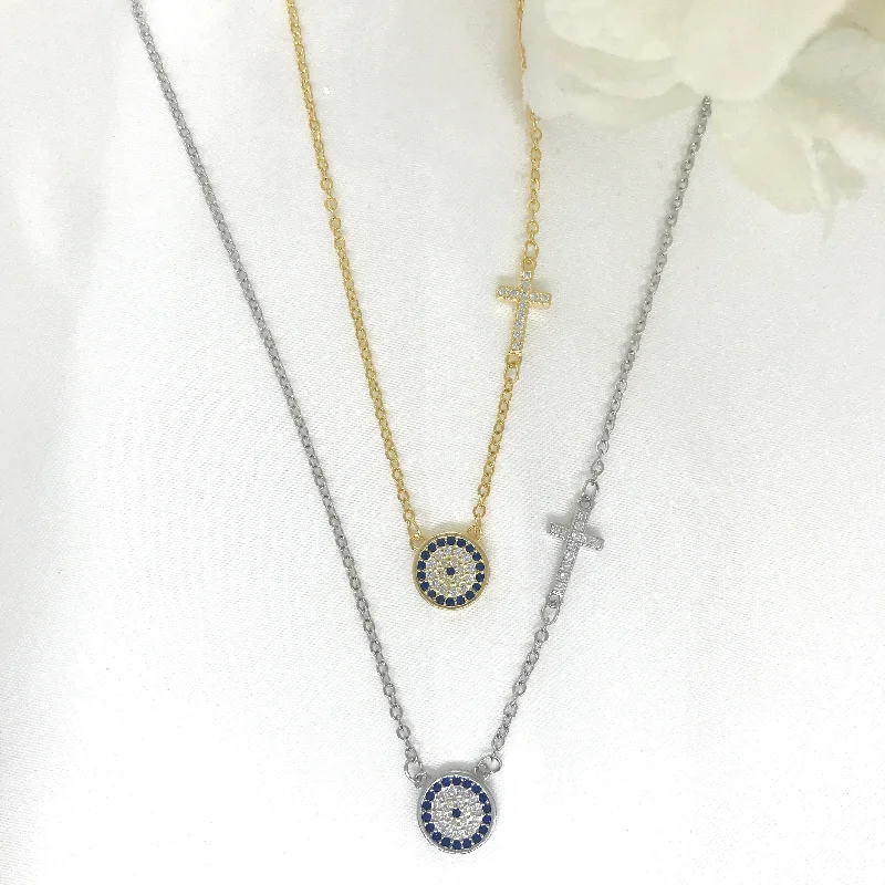 Layered Gold Necklaces-18k/925 Vermeil CZ Evil Eye and Cross Necklace