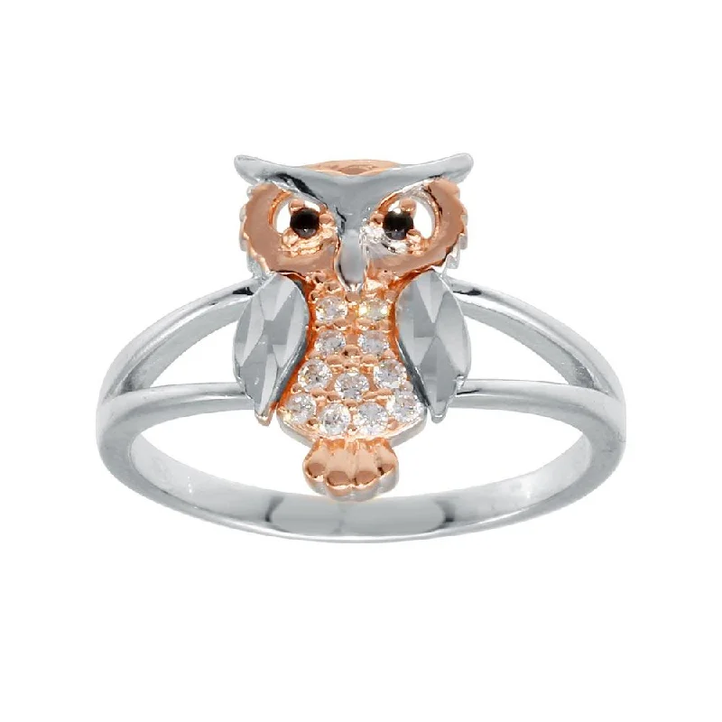 Men’s Wedding Bands in Gold-Silver CZ Diamond Cut Two-Tone Owl Ring - GMR00298RHR