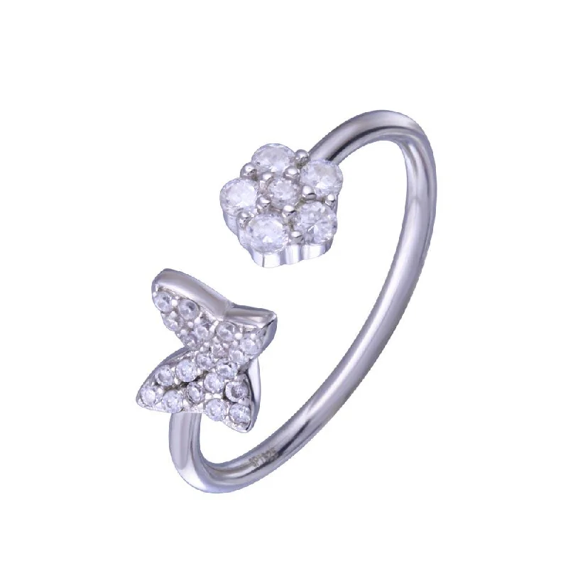 Men’s Wedding Rings-Rhodium Plated 925 Sterling Silver Butterfly Flower with Clear CZ Ring - STR01147