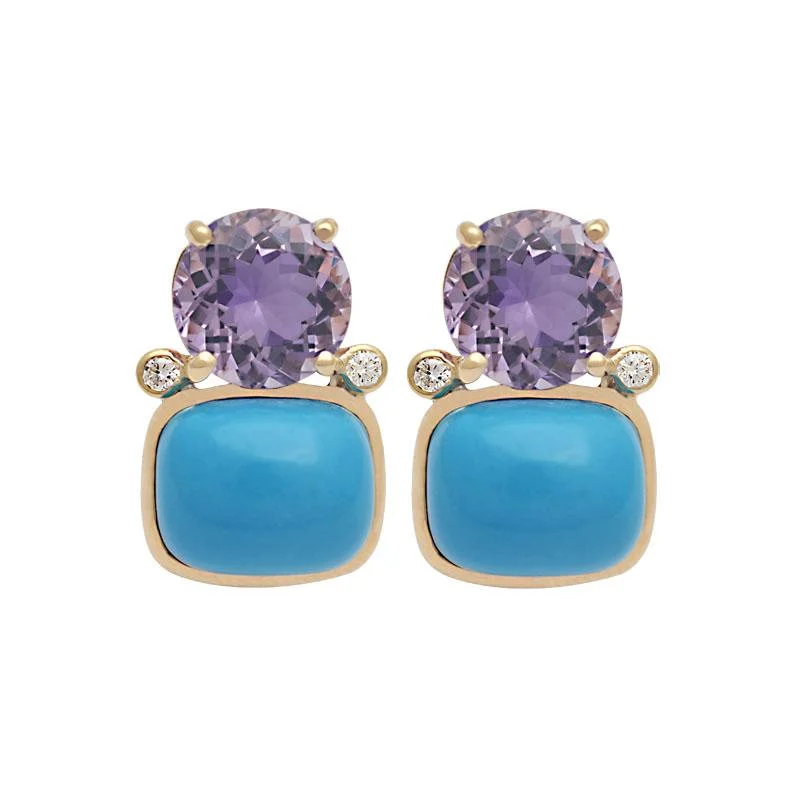 Cute Gemstone Earrings-Earrings-Amethyst, Synthetic Turquoise and Diamond  (2124I)