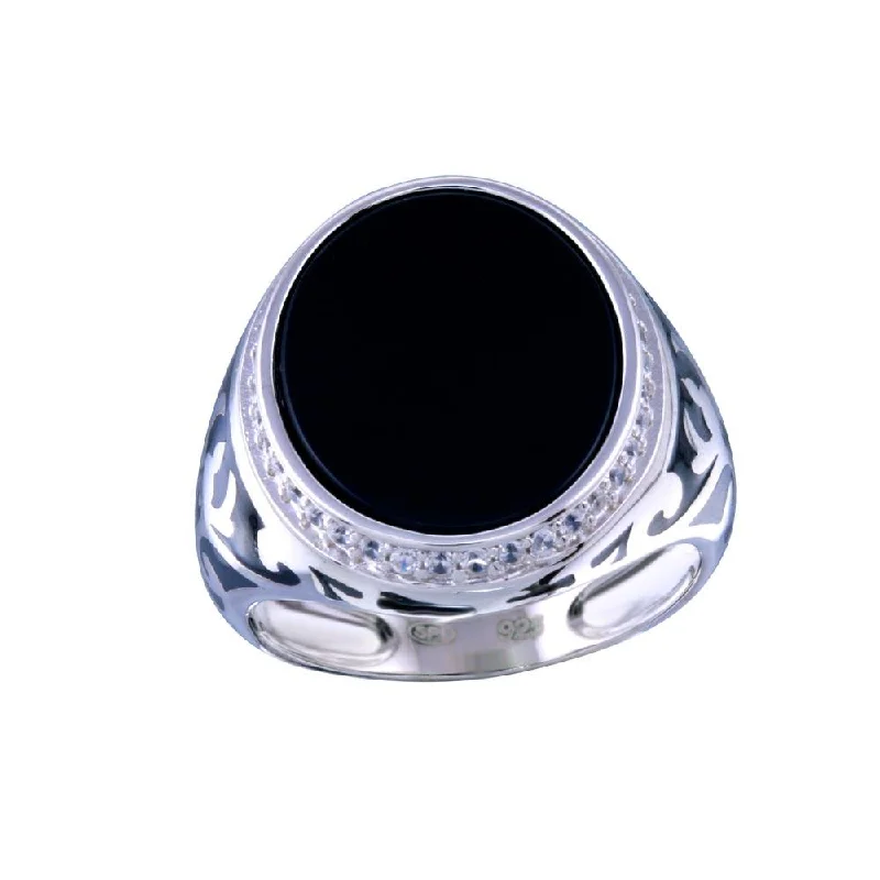 Silver and Gold Rings-Rhodium Plated 925 Sterling Silver Men's Flat Oval Onyx Ring with CZ - GMR00251RH