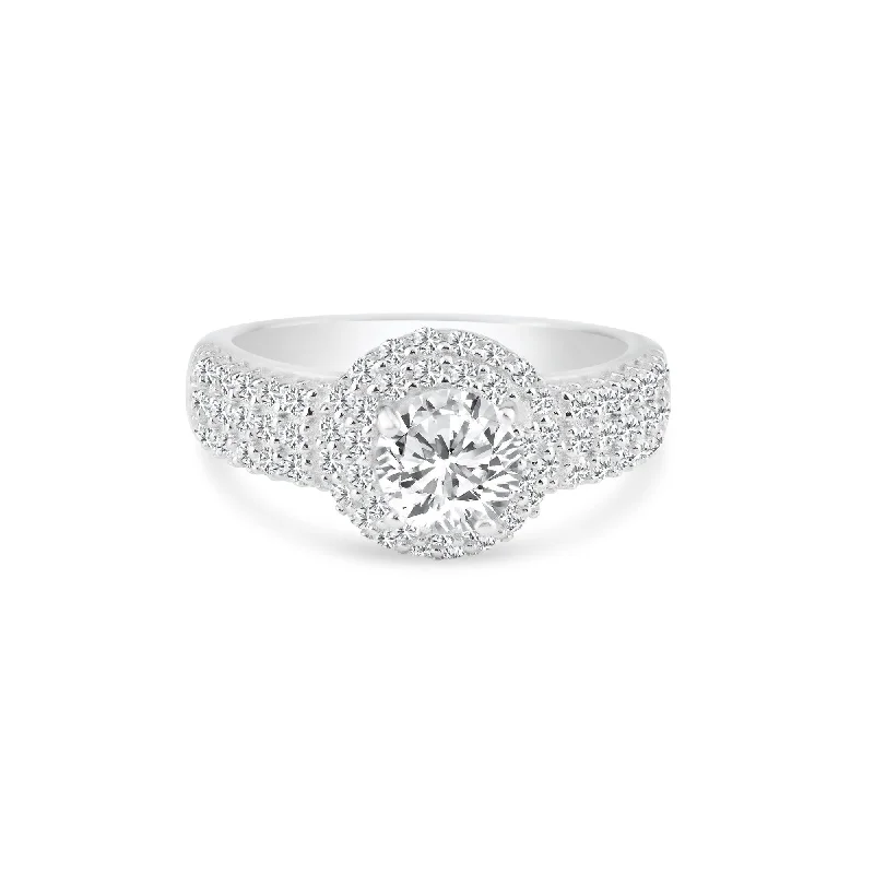 Unique Gold Engagement Rings-Silver 925 Rhodium Plated Clear Micro Pave Set CZ Round Bridal Ring - BGR00719