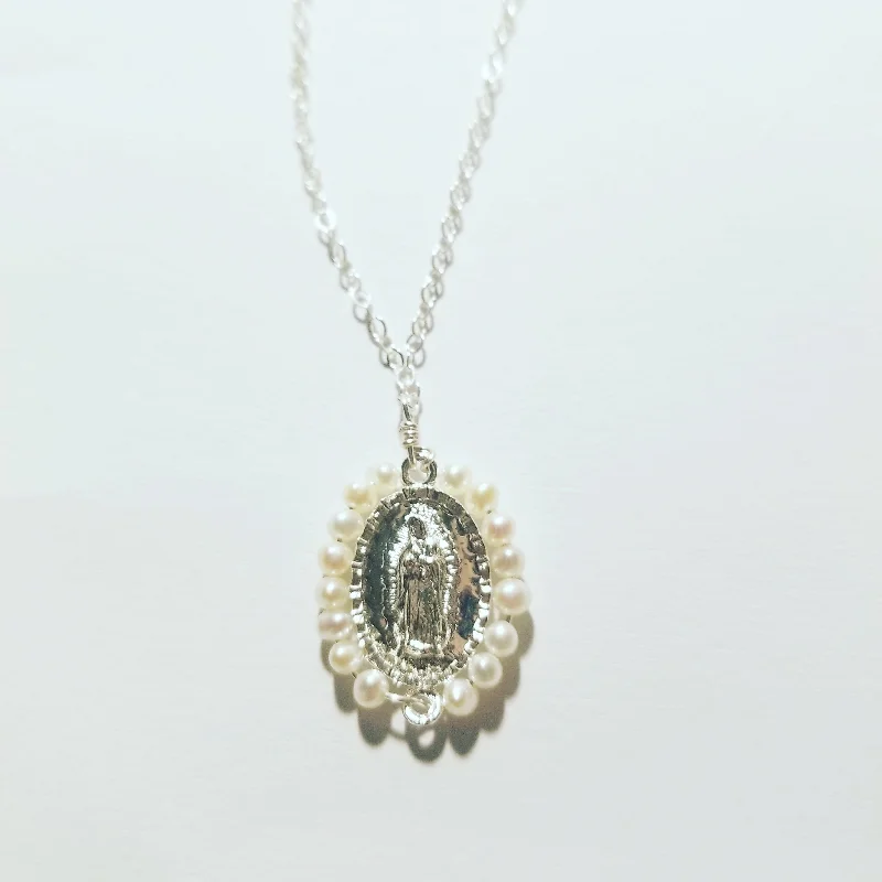 Luxury Wedding Necklaces-Virgen de Guadalupe Pearl Charm Necklace